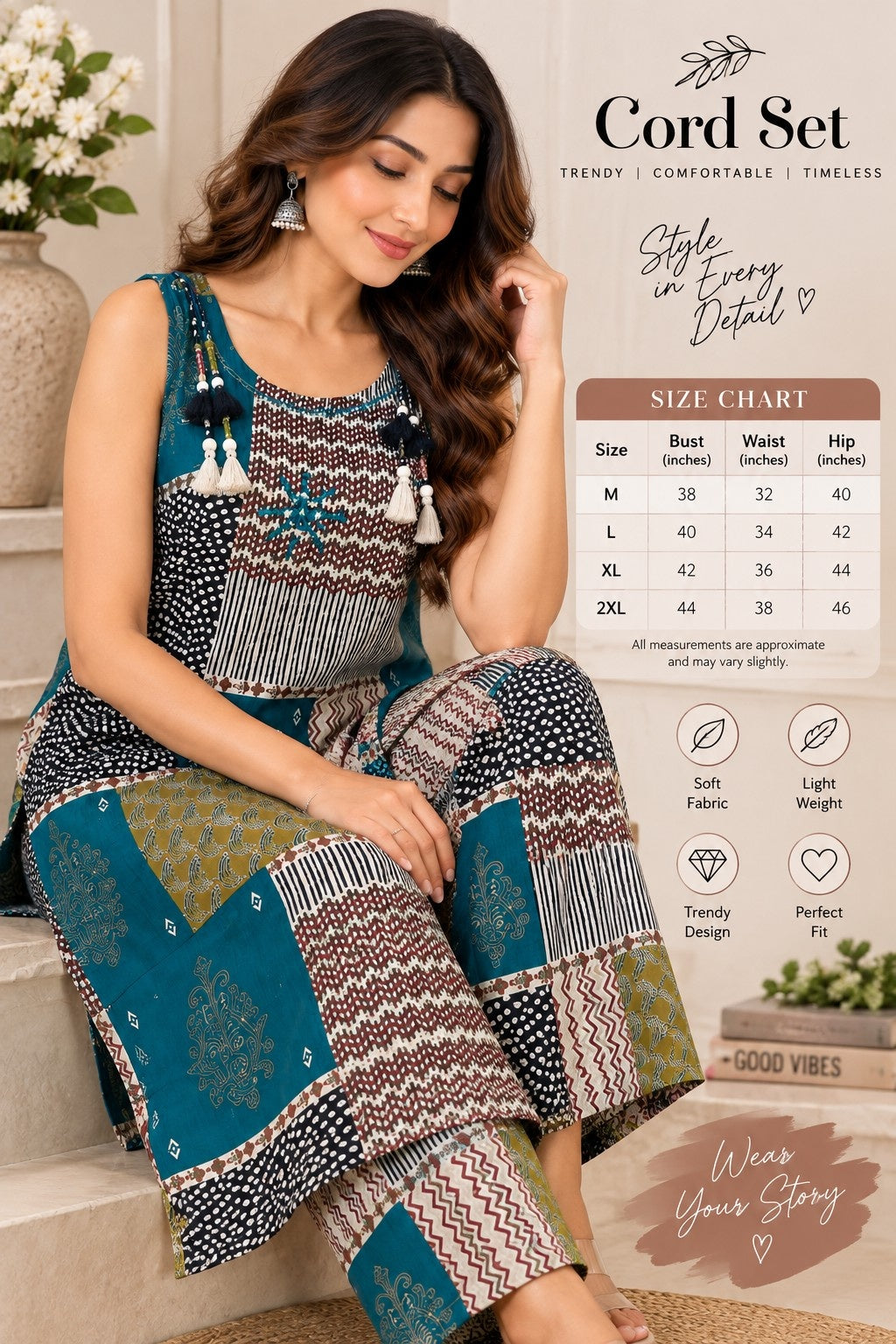 Teal blue printed kurta pant set with traditional Indian patchwork motifs