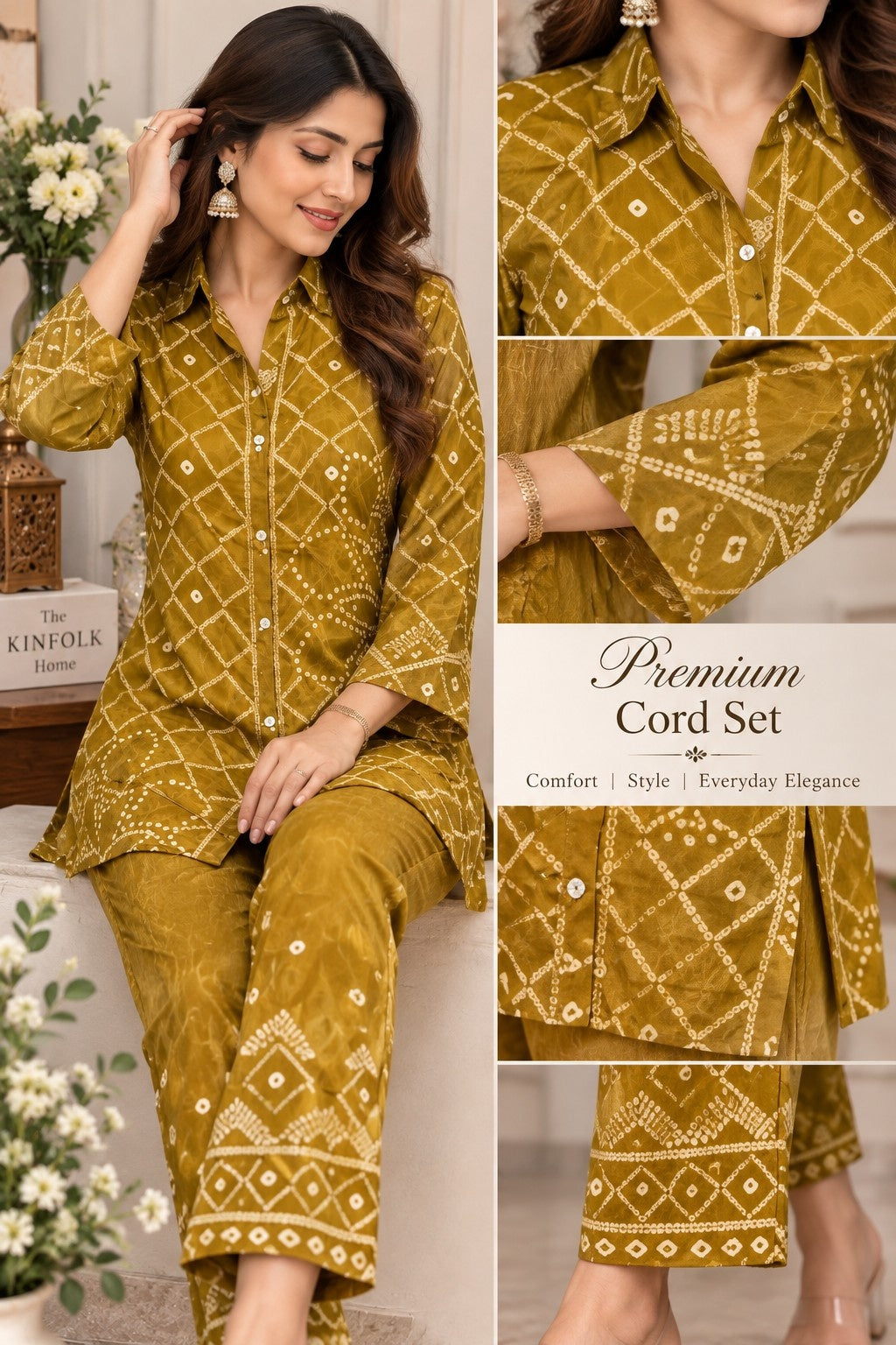 Mustard yellow printed co-ord set with matching pants and border detailing