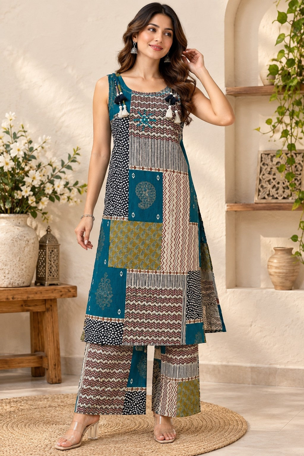 Teal blue multicolor printed kurta with matching straight-fit pants