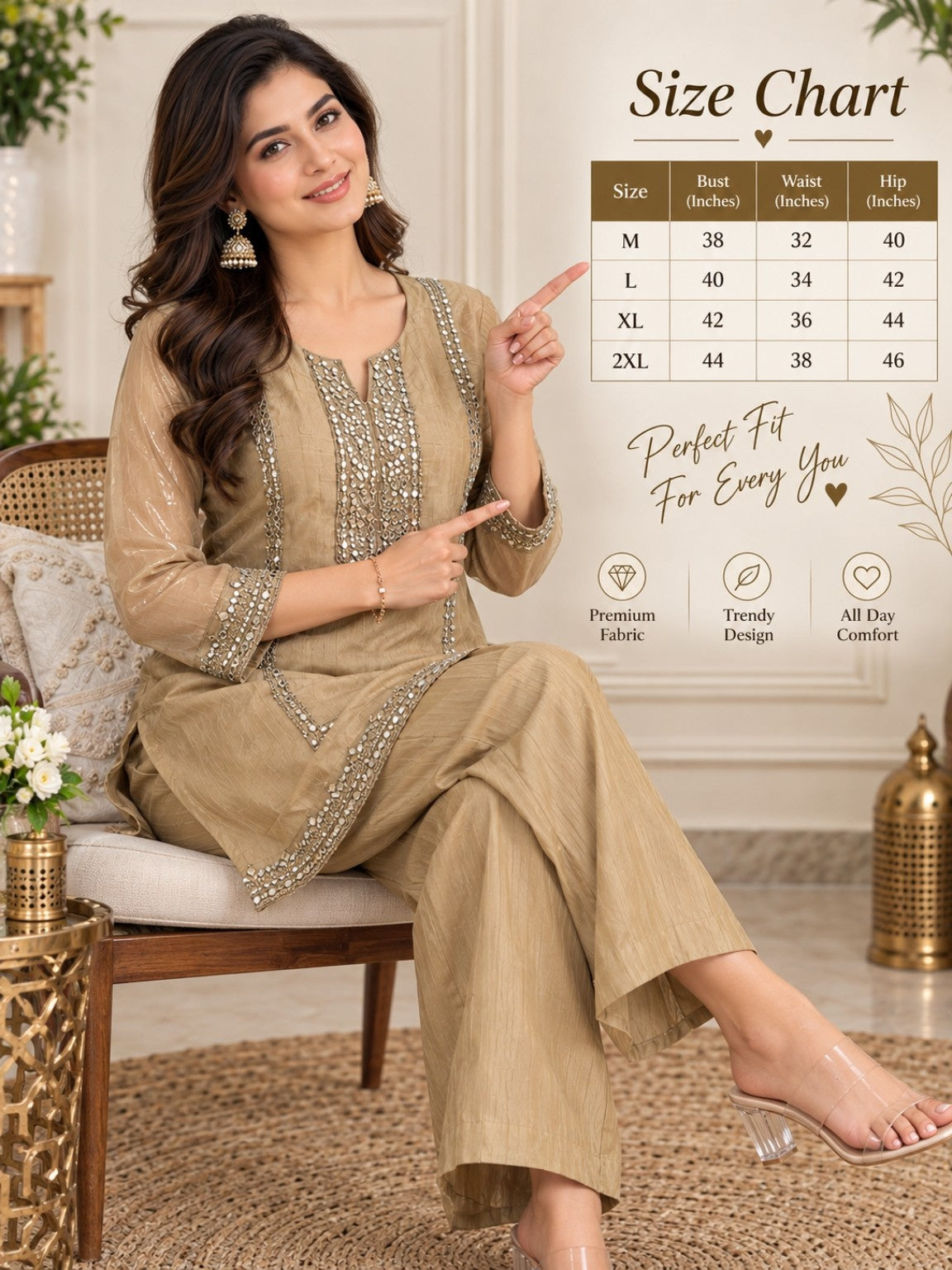 Beige embroidered kurta pant set with straight-fit pants and mirror work