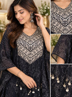 Black co-ord set with printed kaftan kurta and matching pants