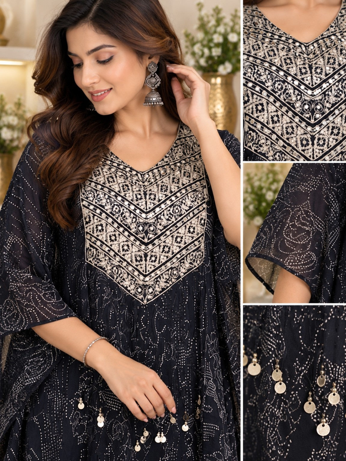 Black co-ord set with printed kaftan kurta and matching pants