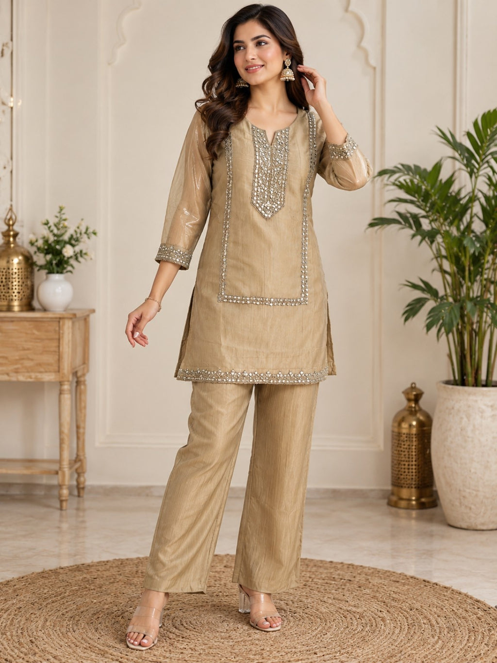 Beige embroidered kurta pant co-ord set with silver mirror-style detailing