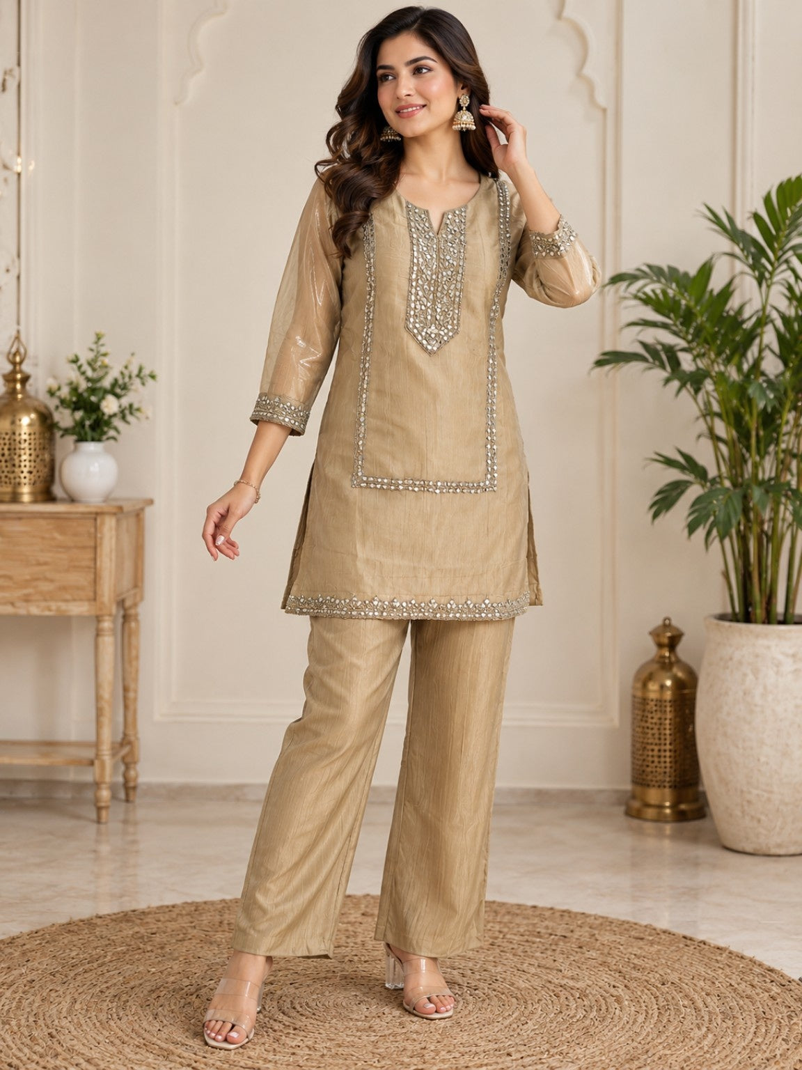 Beige embroidered kurta pant co-ord set with silver mirror-style detailing