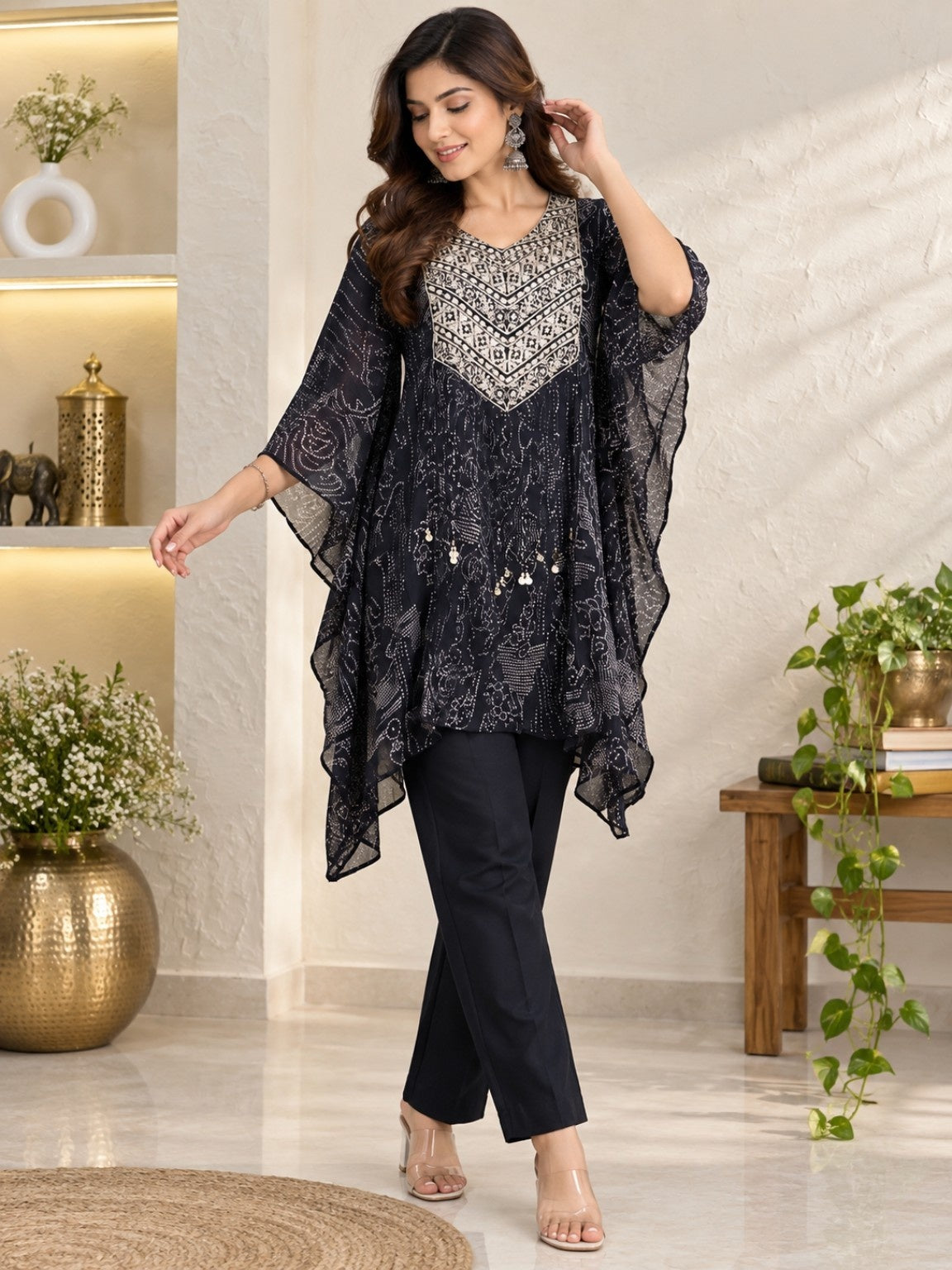Black printed kaftan style kurta pant co-ord set for women