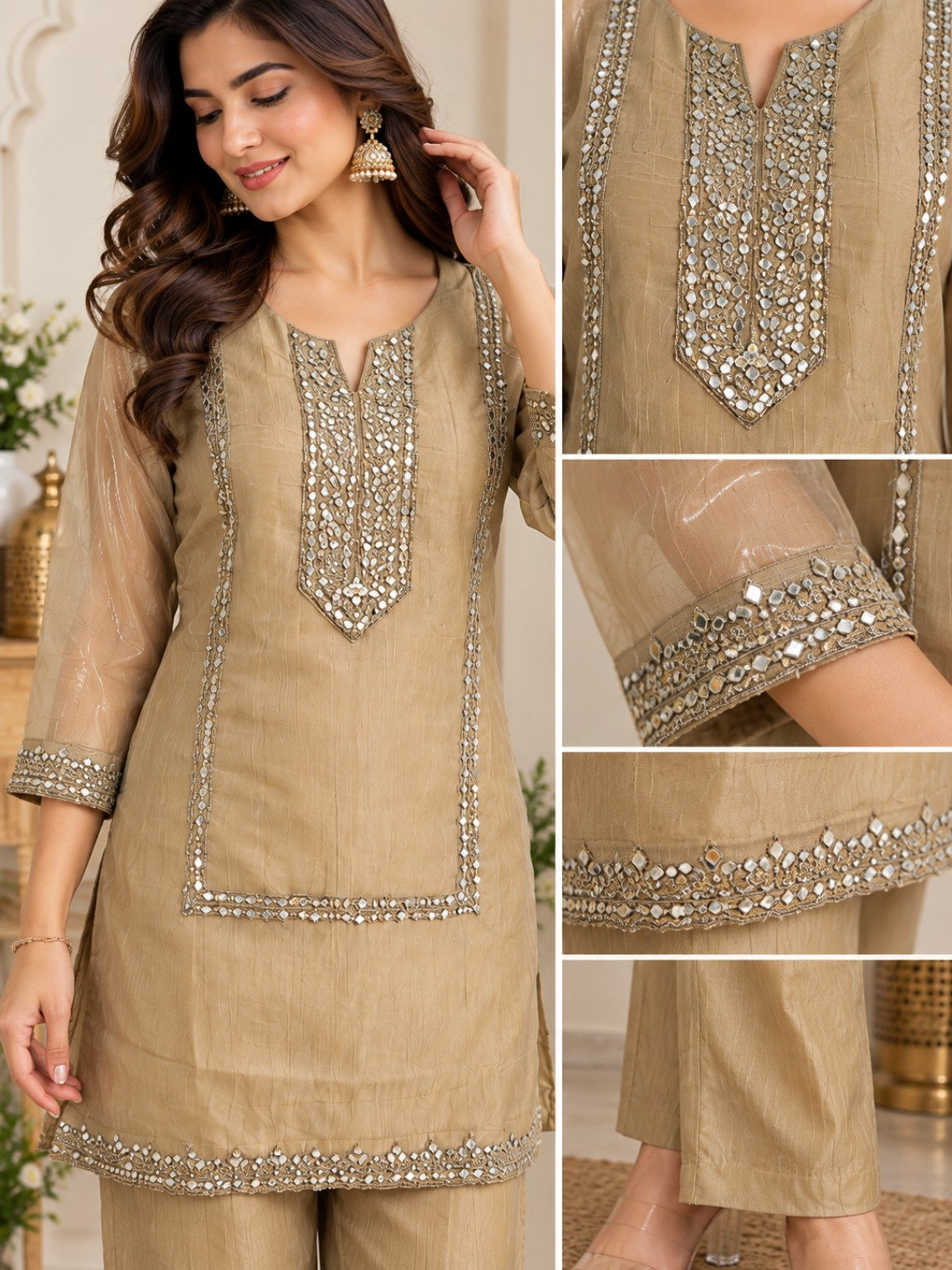 Beige straight-cut kurta with embroidered front panel and embellished sleeves