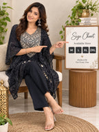 Black kaftan style kurta with white printed V-neck and flowy 3/4 sleeves