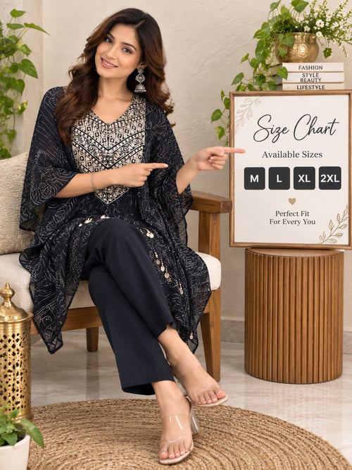 Black kaftan style kurta with white printed V-neck and flowy 3/4 sleeves