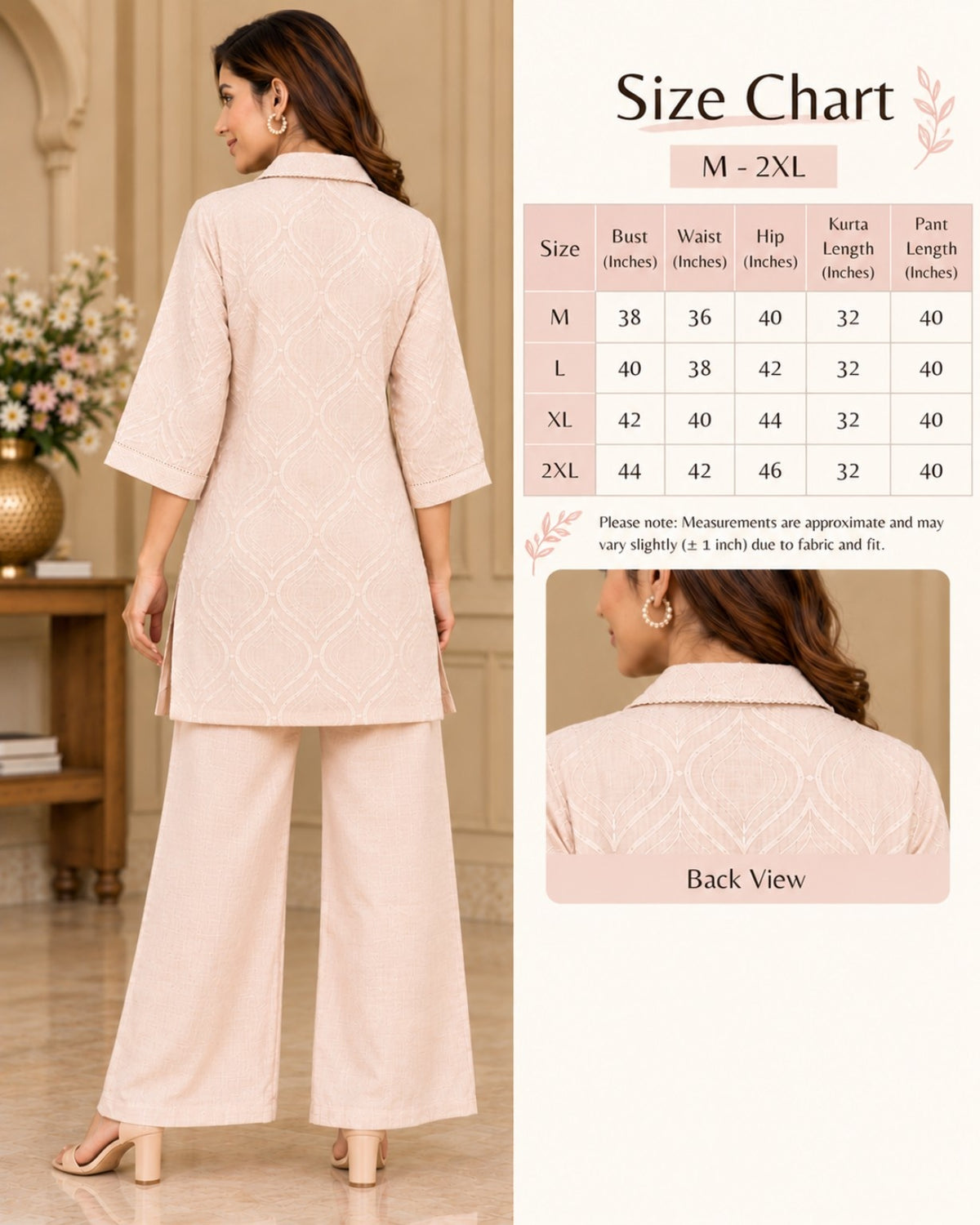 Light Peach Jacquard Pattern Kurta Pant Set for Women