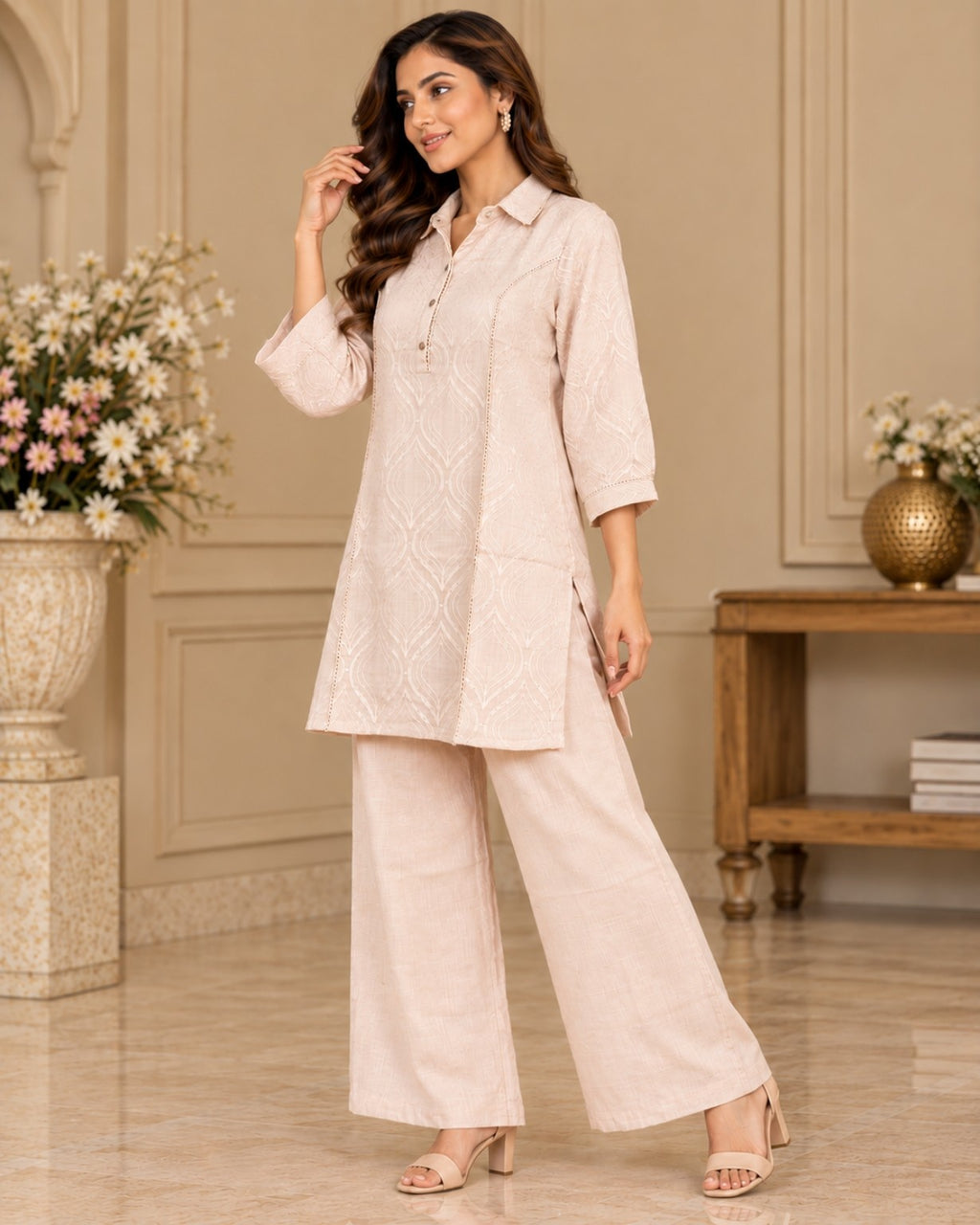 Light Peach Jacquard Pattern Kurta Pant Set for Women