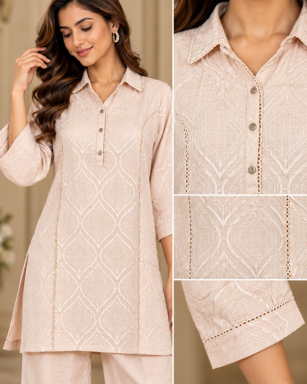Light Peach Jacquard Pattern Kurta Pant Set for Women
