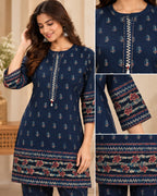 Navy Blue Printed Kurta Pant Co-Ord Set for Women with Floral Border Detailing