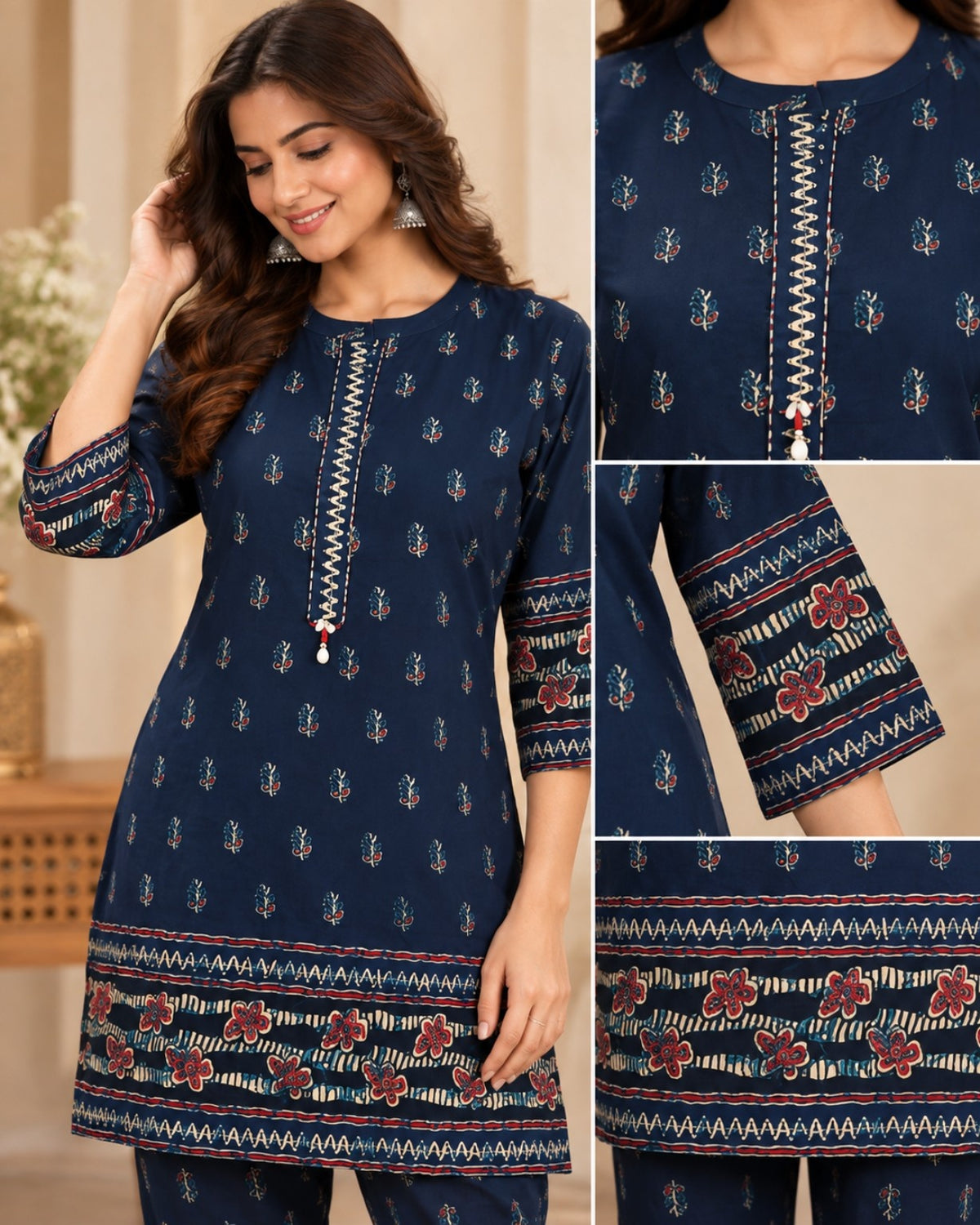 Navy Blue Printed Kurta Pant Co-Ord Set for Women with Floral Border Detailing