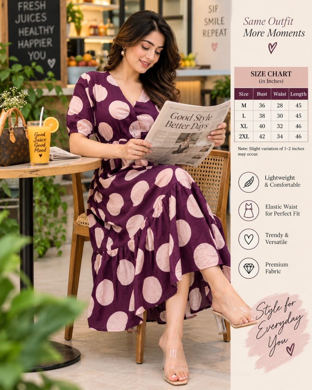 Wine purple polka dot printed tiered midi dress for women