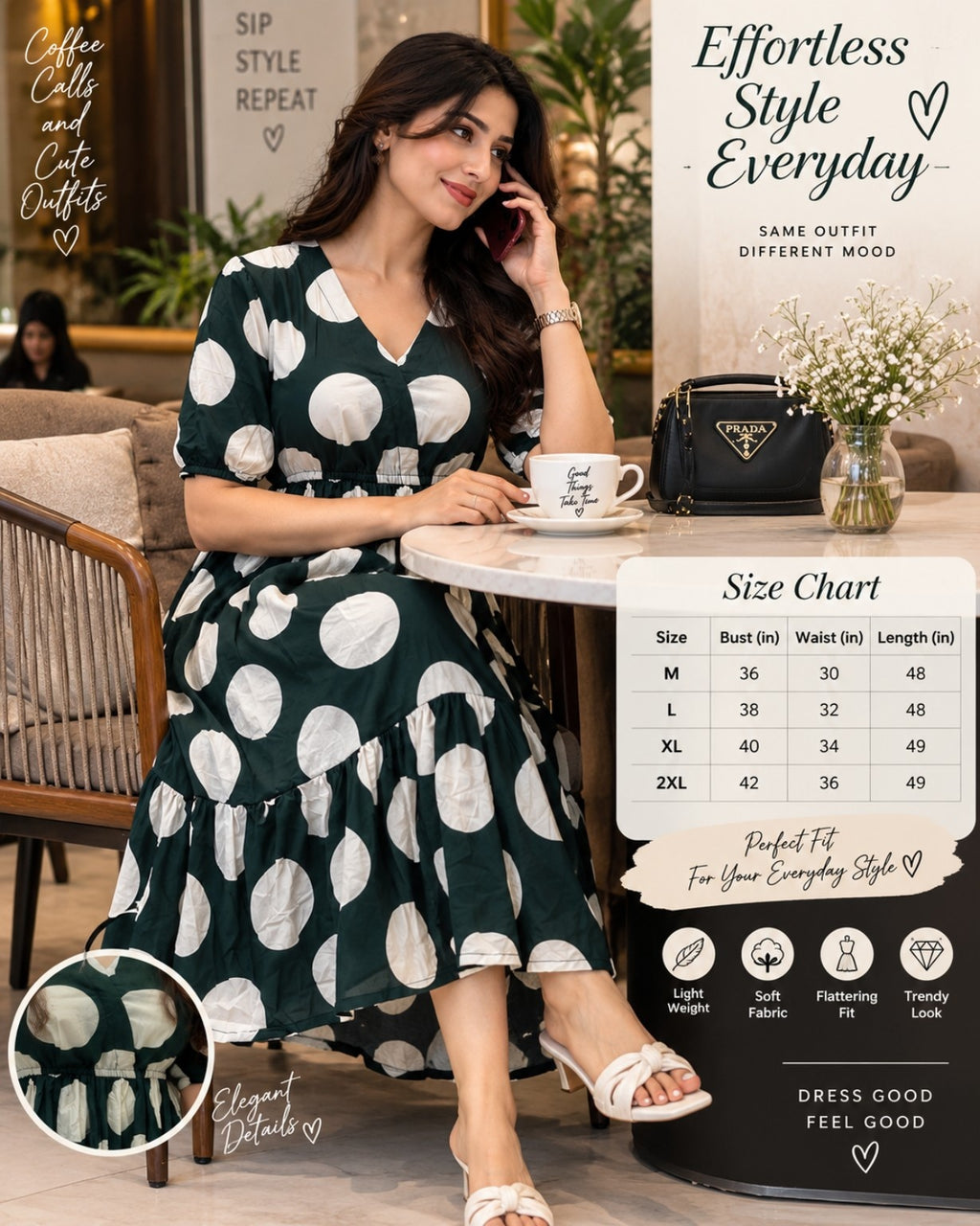 Dark green tiered midi dress with elasticated waist and flared skirt