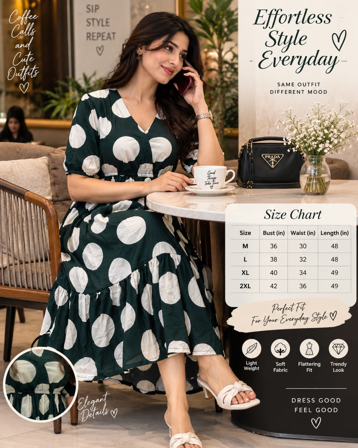 Dark green tiered midi dress with elasticated waist and flared skirt