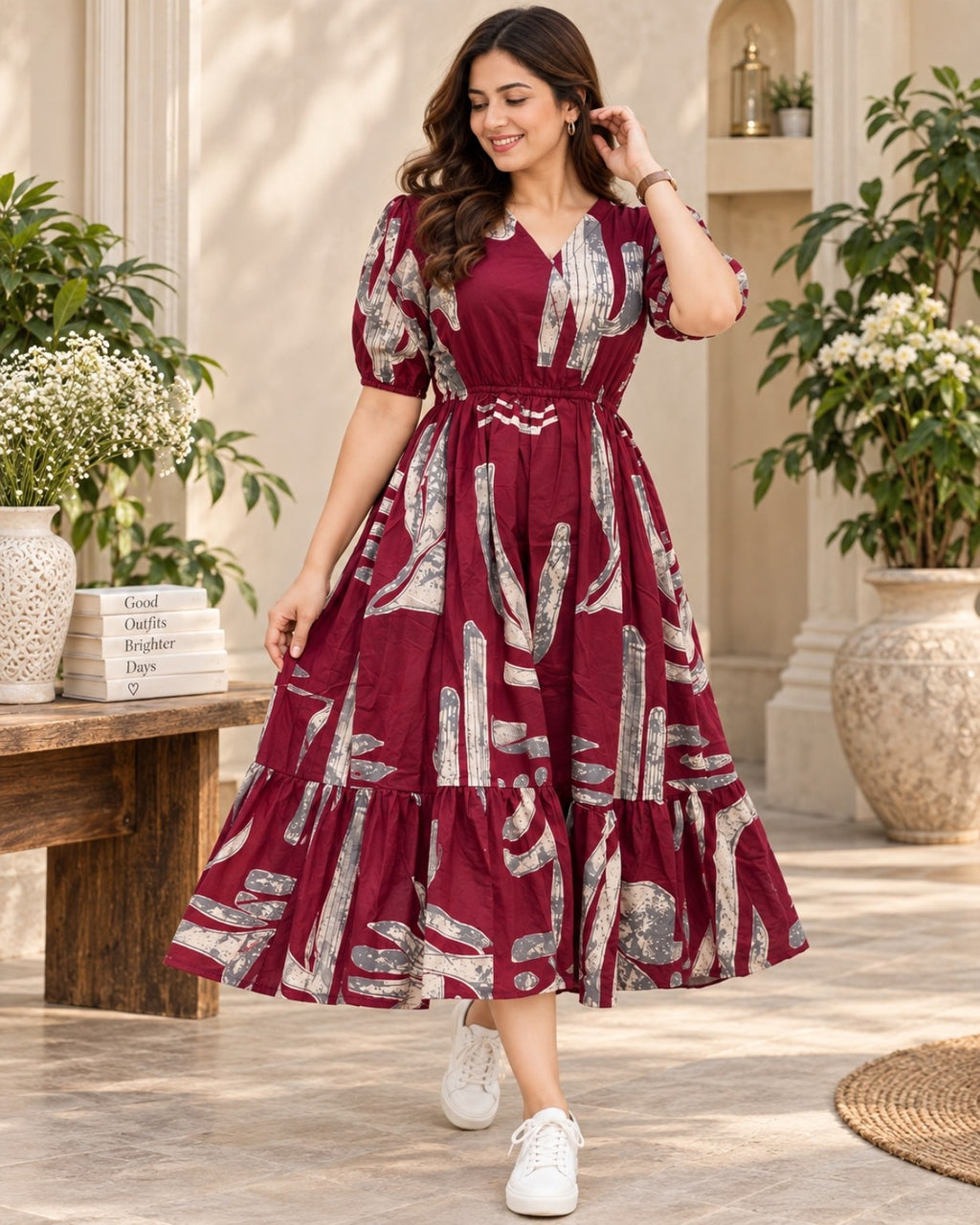 Maroon printed tiered midi dress with puff sleeves for women