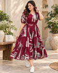 Maroon printed tiered midi dress with puff sleeves for women