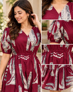 Maroon midi dress with abstract geometric print, V-neck and puff sleeves
