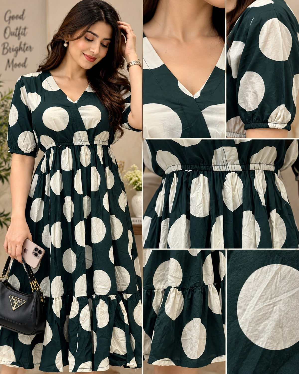 Dark green midi dress with ivory polka dots, V-neck and puff sleeves