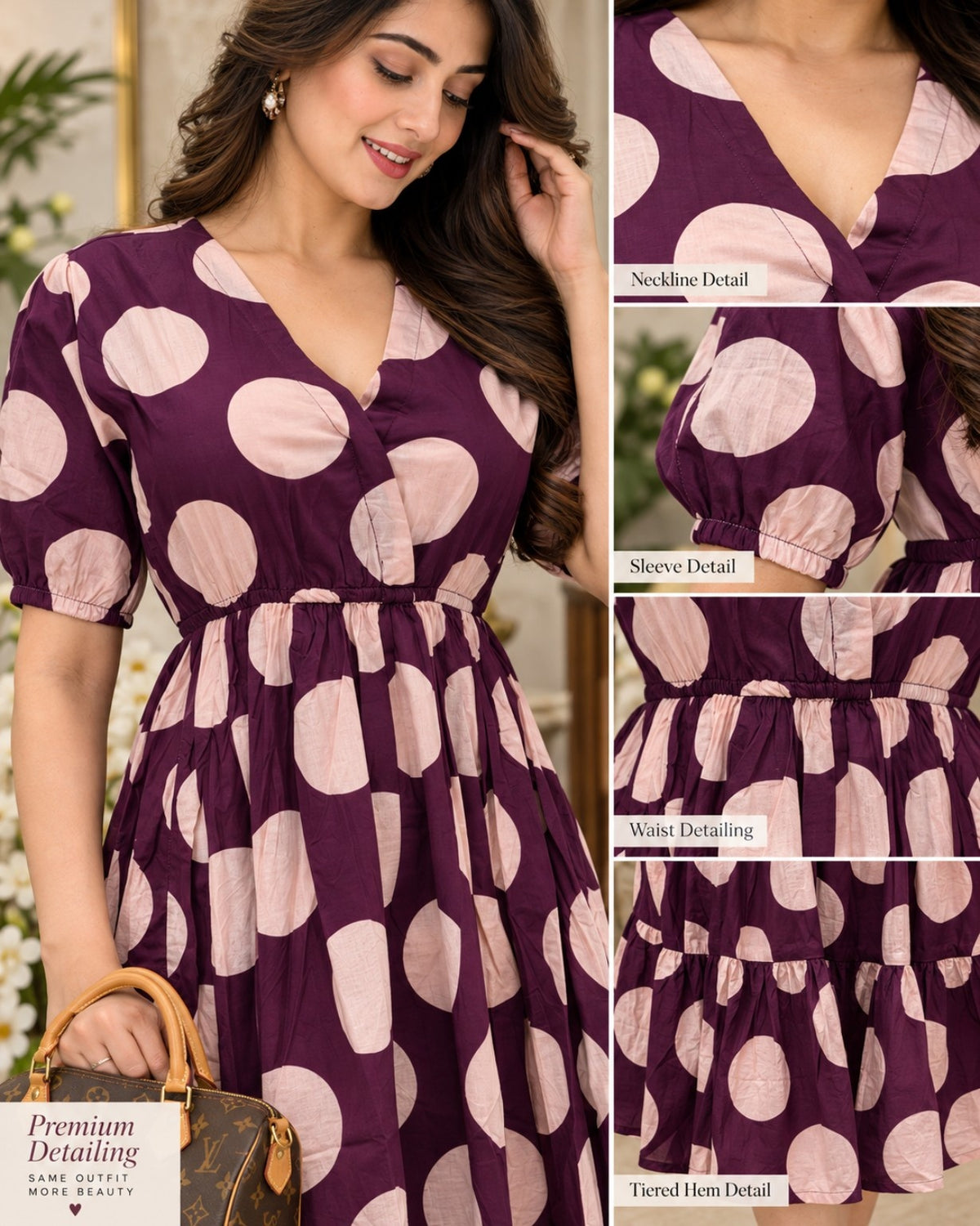 Wine purple midi dress with blush pink polka dots, V-neck and puff sleeves
