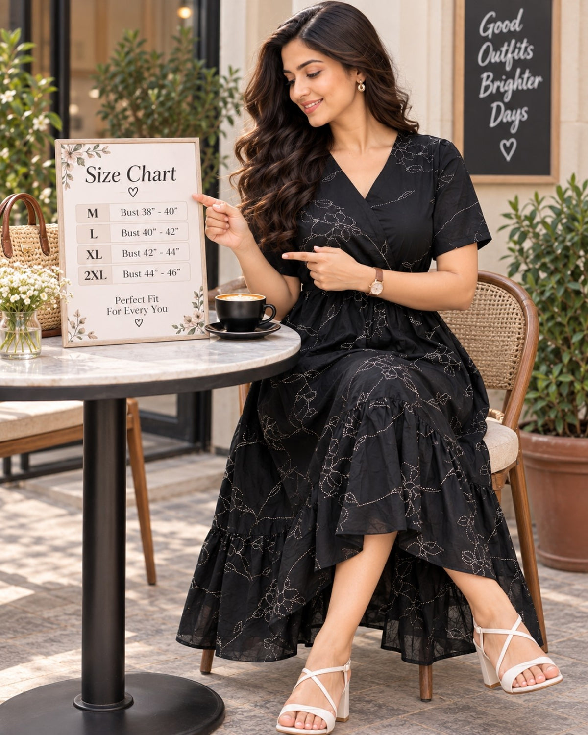 Black flared midi dress with drawstring waist and tiered hem