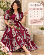 Maroon tiered midi dress with elasticated waist and flared silhouette