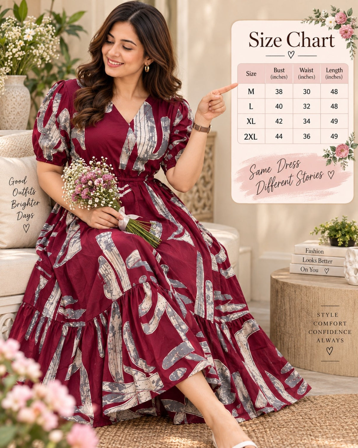 Maroon tiered midi dress with elasticated waist and flared silhouette