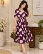 Wine purple tiered midi dress with elasticated waist and tie-up detail