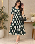 Dark green polka dot printed tiered midi dress for women