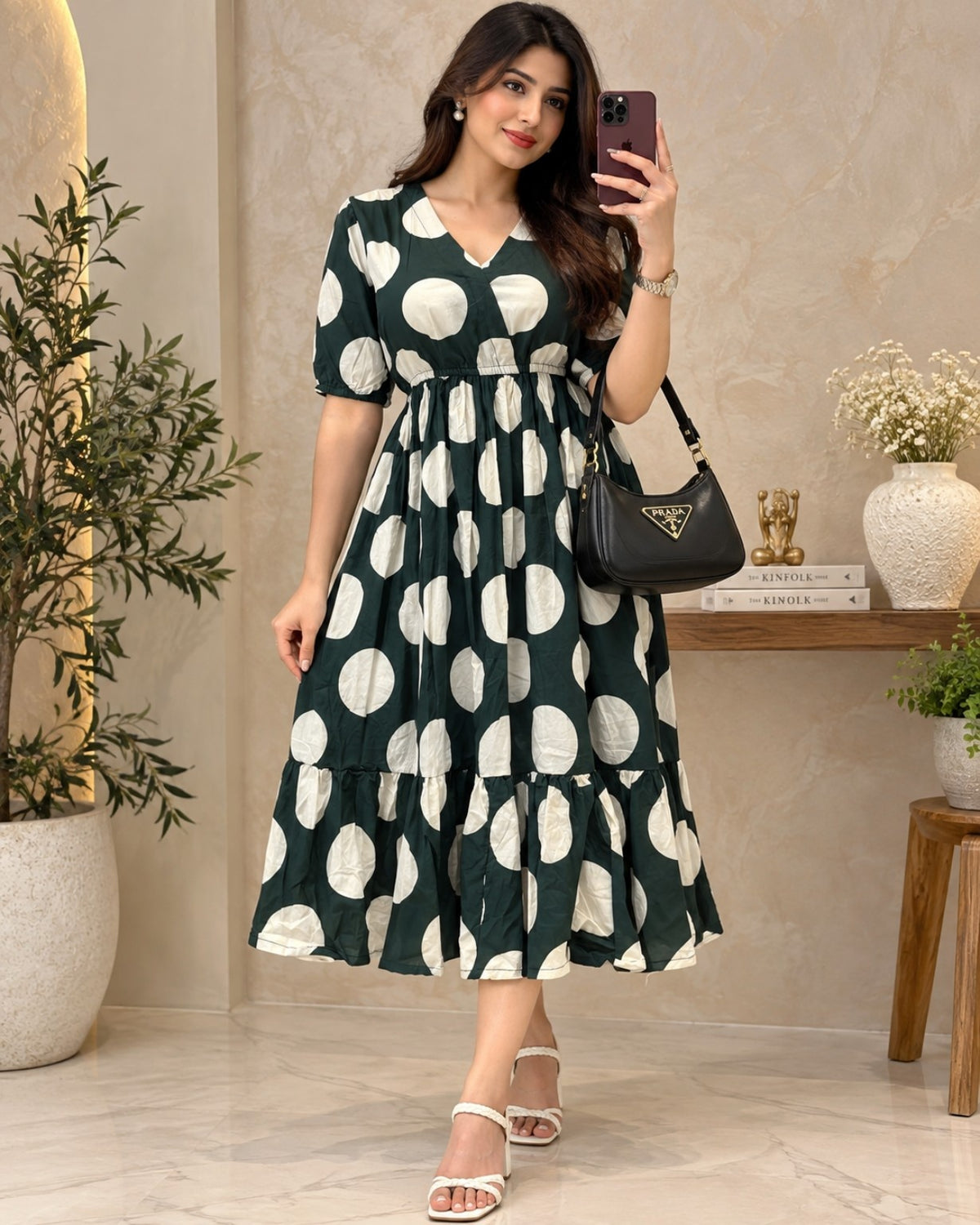 Dark green polka dot printed tiered midi dress for women