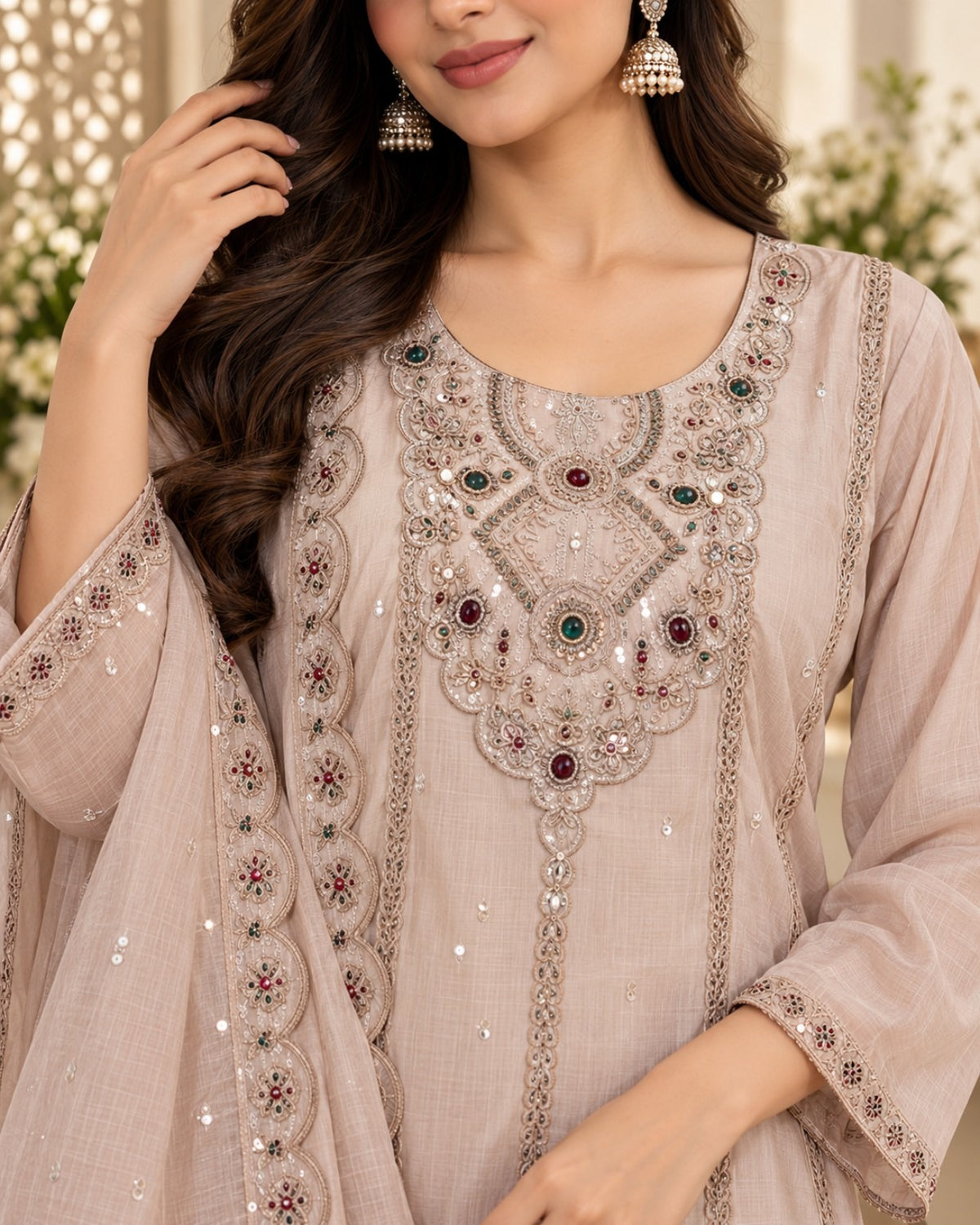 Blush Pink Embroidered Kurta Sharara Set with Dupatta for Women