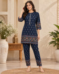 Navy Blue Printed Kurta Pant Co-Ord Set for Women with Floral Border Detailing