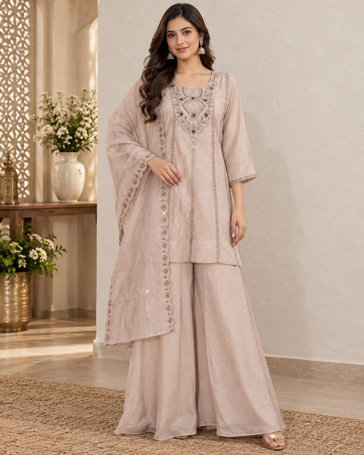 Blush Pink Embroidered Kurta Sharara Set with Dupatta for Women