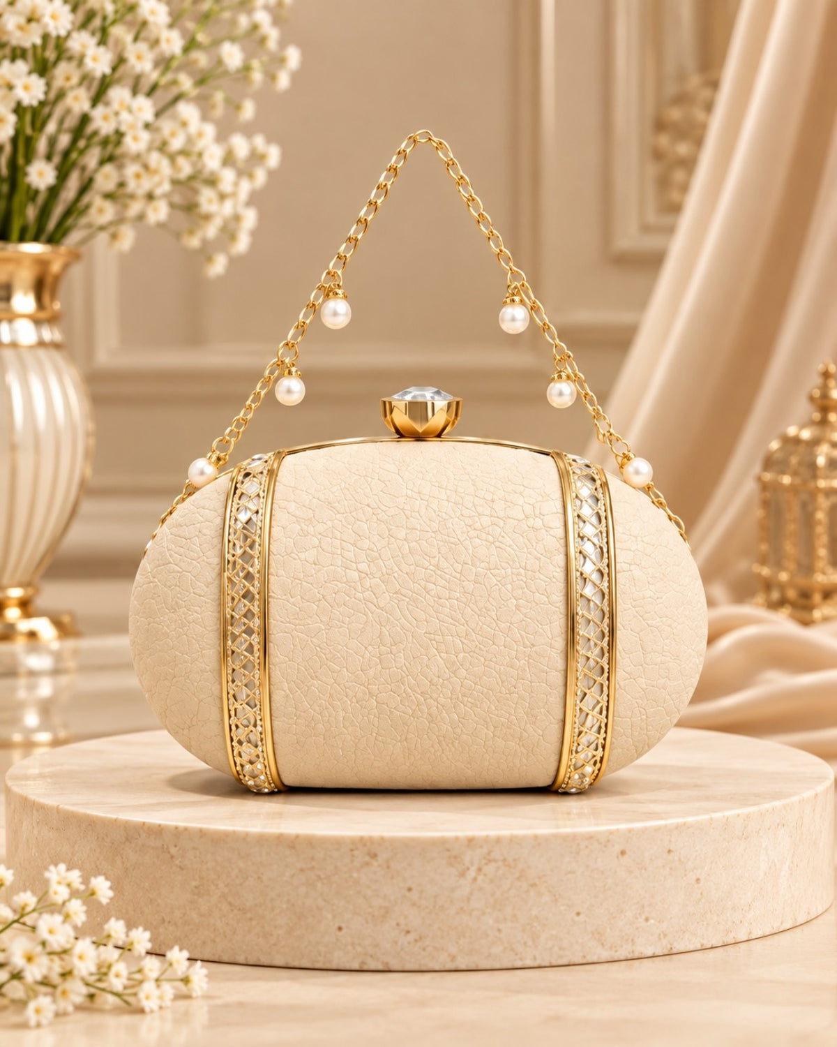 Textured Pearl Handle Frame Clutch Bag for Women