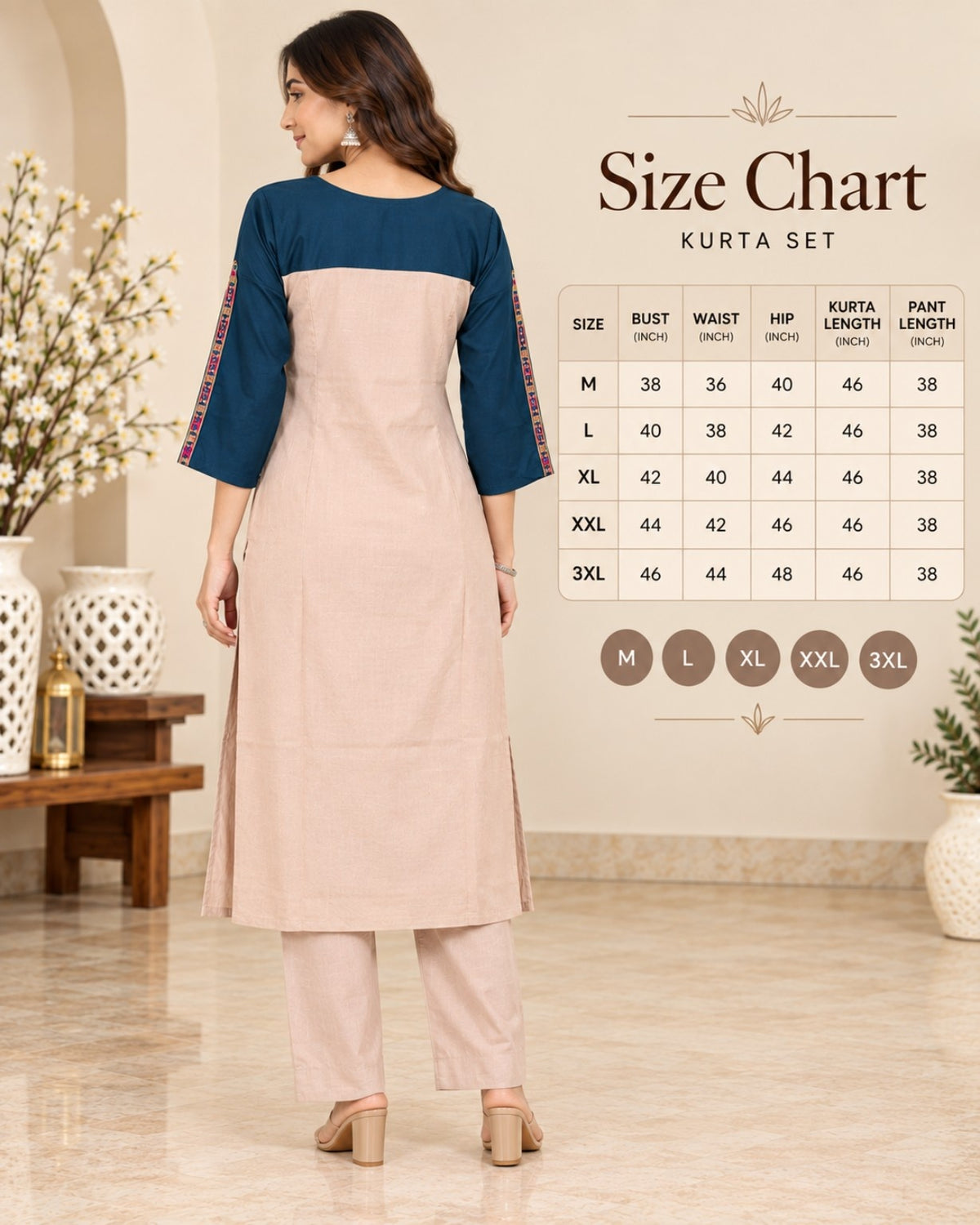 Navy Blue & Beige Embroidered Kurta Pant Set for Women