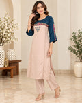 Navy Blue & Beige Embroidered Kurta Pant Set for Women