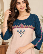 Navy Blue & Beige Embroidered Kurta Pant Set for Women