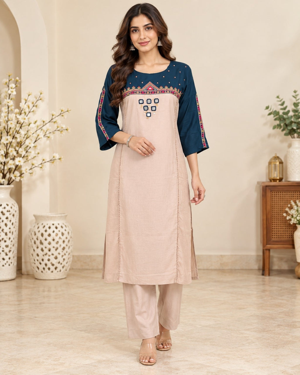Navy Blue & Beige Embroidered Kurta Pant Set for Women