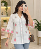 White floral embroidered shirt style kurti with lace detailing for women