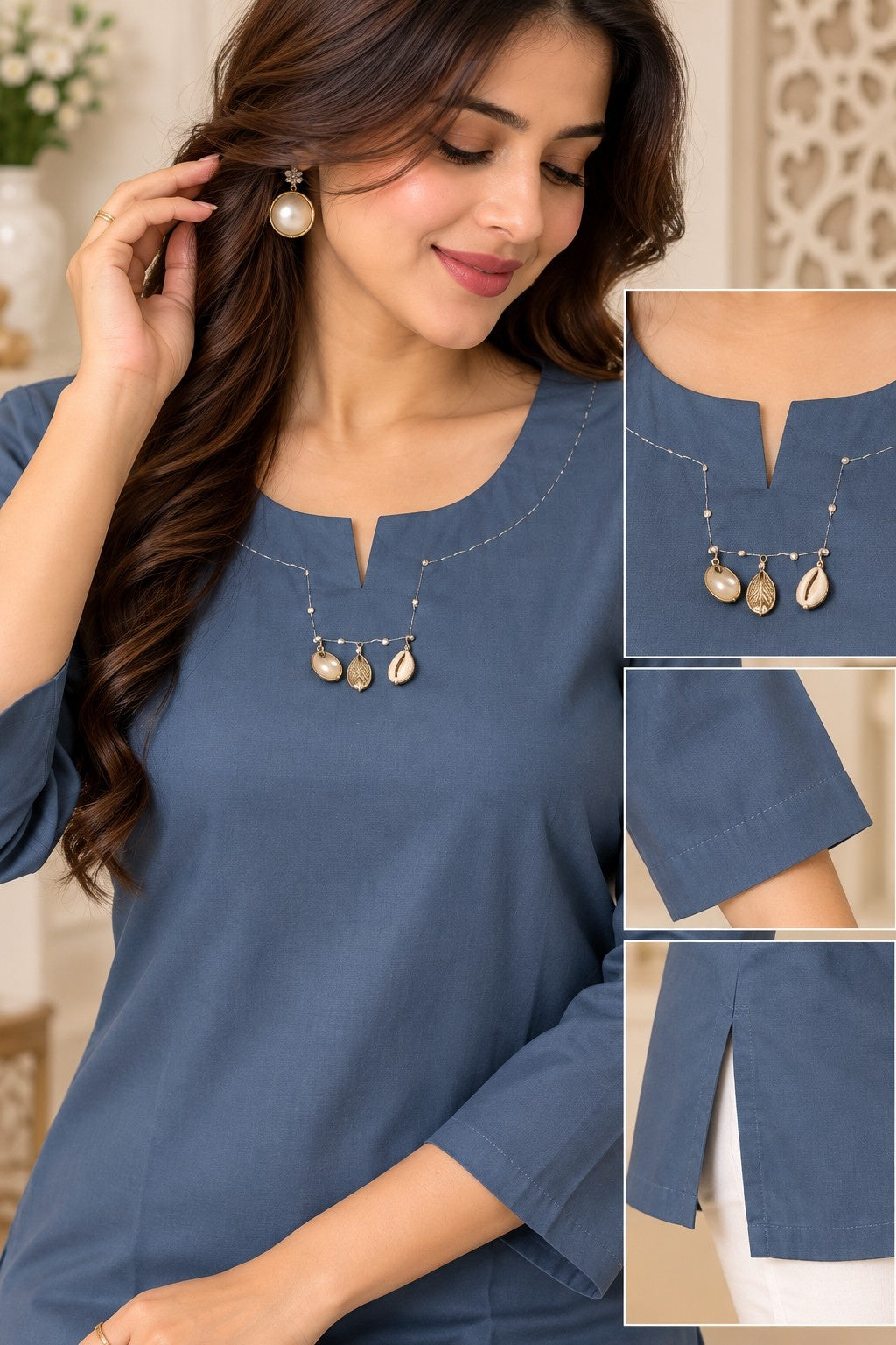 Dusty blue solid straight kurti with pearl-inspired neckline detailing