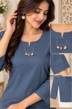 Dusty blue solid straight kurti with pearl-inspired neckline detailing