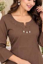 Chocolate brown straight kurti with round neck and front notch detailing