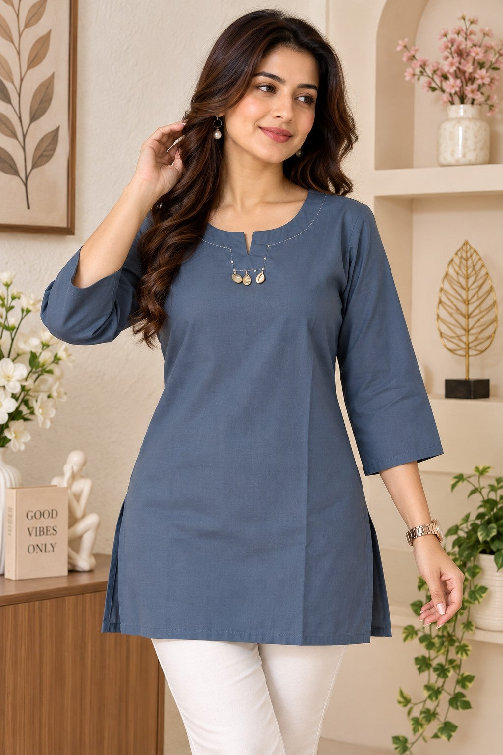 Dusty blue embellished straight kurti for women with pearl neckline