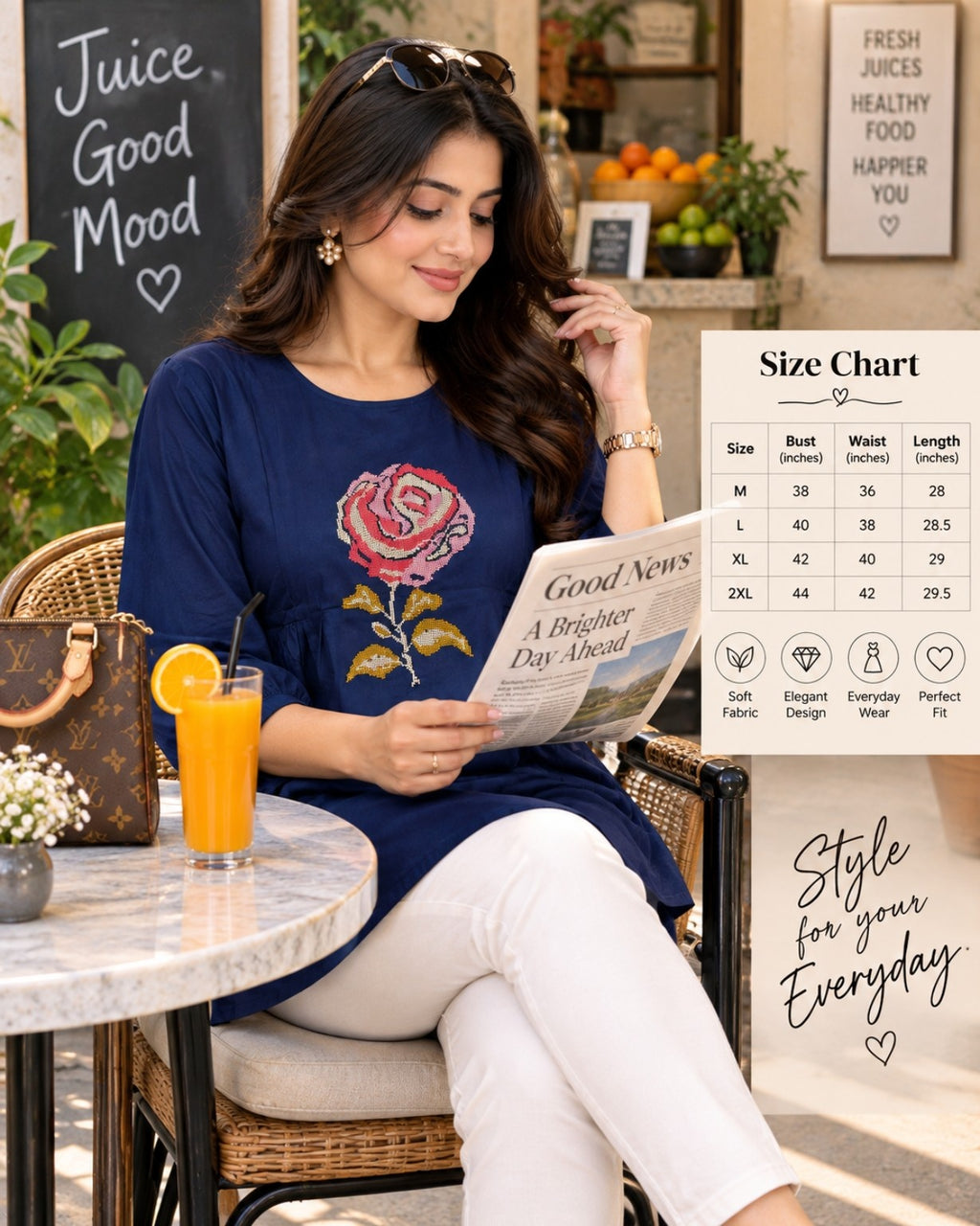 Navy blue flared kurti with multicolour rose embroidery and balloon sleeves
