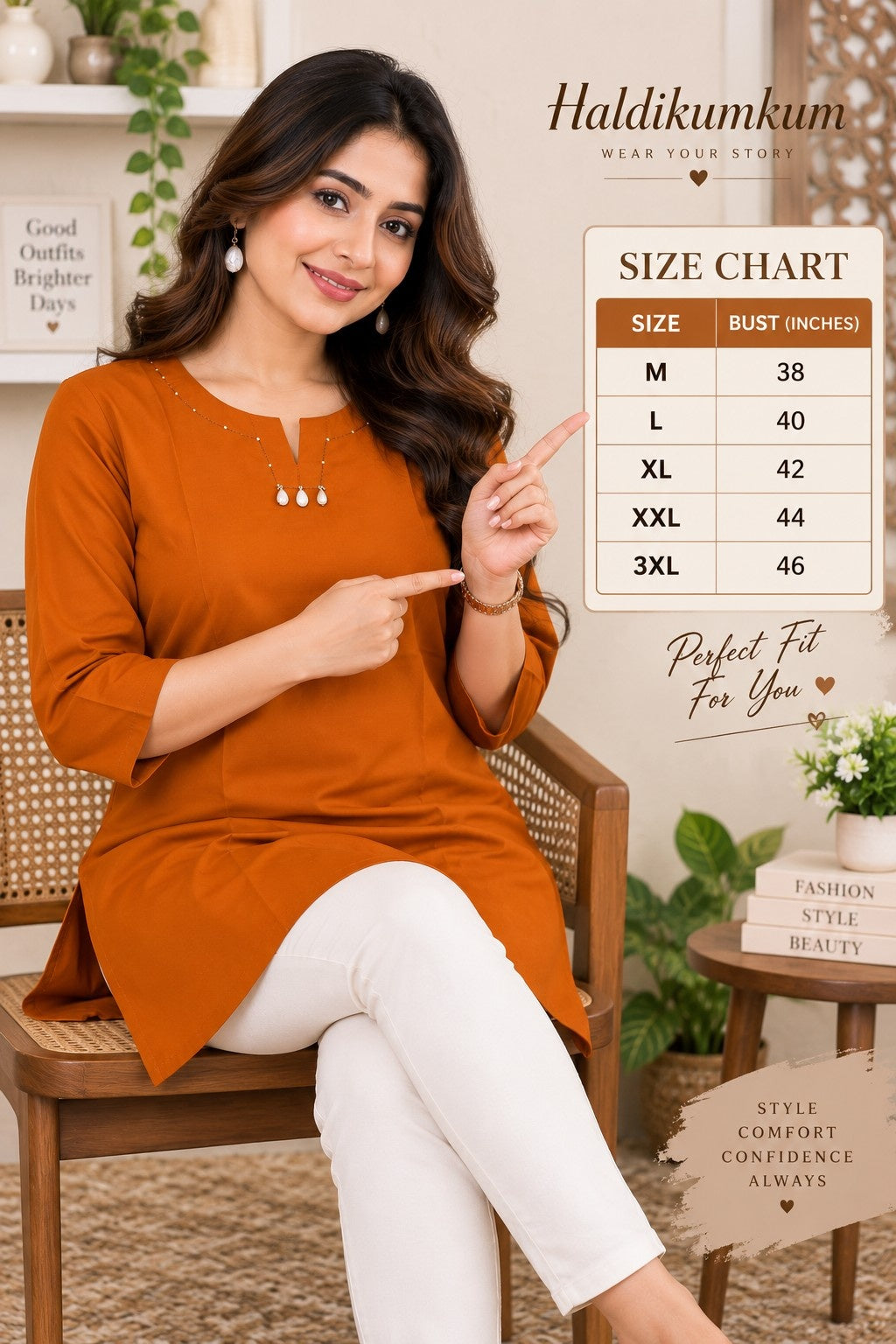 Rust Orange Solid Straight Kurti for Women | Elegant Ethnic Wear