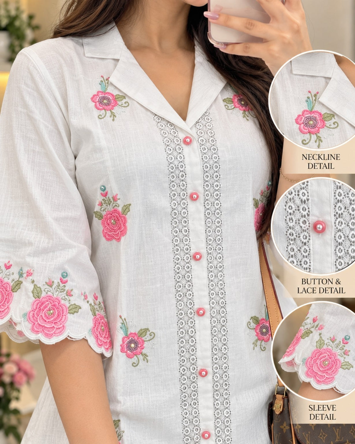 White kurti with pink and green floral embroidery, shirt collar and lace front panel