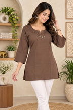 Chocolate brown solid straight kurti for women with elegant neckline