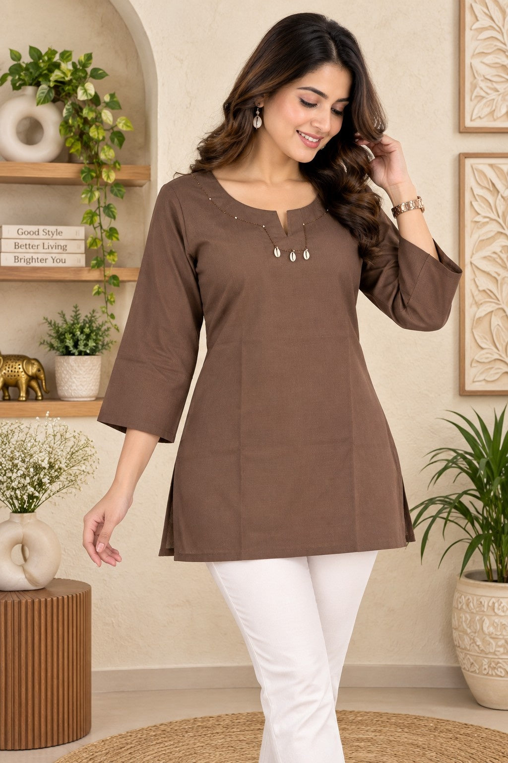 Chocolate brown solid straight kurti for women with elegant neckline