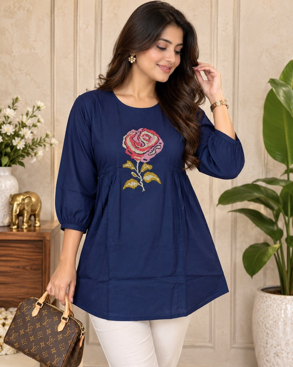 Navy blue rose embroidered flared kurti for women